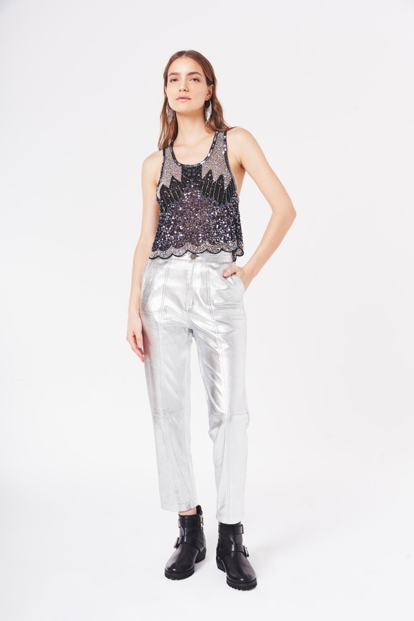 pantalon recto metalic cuero